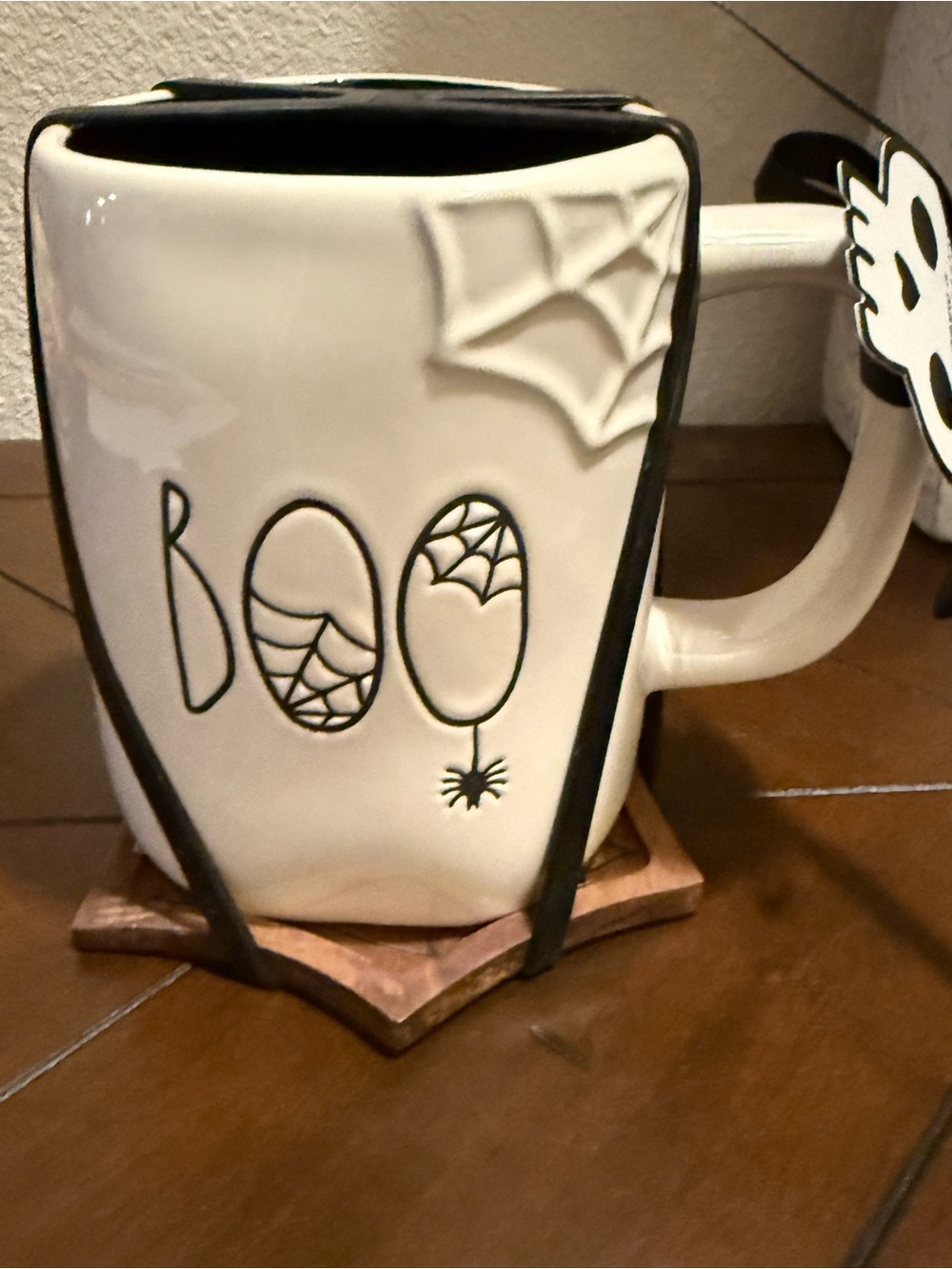 Rae Dunn Halloween 'Boo' Ceramic Mug w/ Coaster - White and Black- NWT